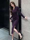 Woman Dress Autumn Winter Vintage Notched Elegant Split Long Sleeve Slim French Style Chic Basic Office Lady Dresses-Outfit