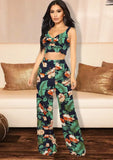 Printed Strap Crop Top and High Waist Wide Pants Two Piece