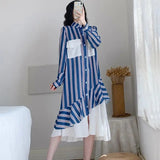 Clothing Striped Spliced Dresses Stylish Asymmetrical Fake Two Pieces Spring Autumn Polo-Neck Single-breasted Midi