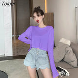 Sleeve T-shirts Women Spring Solid Loose Crop Top Sexy New Trendy Leisure Girls T-shirt Korean Stylish Teens All-match