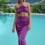 Sexy Women Casual Summer Beach Split Midi Skirt Set Halter Tops And Bodycon Club Skirt Suit Two Piece Set