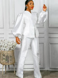 Formal Puff Sleeve Peplum Top and High Waist Pants Set 703-1-Outfit