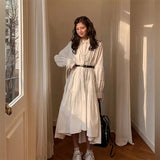 Women Dress Long Sleeve Spring Autumn Vintage Designer Collar Lapel Button Up Ruched Ruffles Cotton White Dresses Female