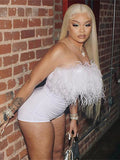 Summer Bodycon Rompers Womens Jumpsuit Patchwork Feather Strapless Rompers Playsuits White One Piece Outfit Jumpsuit Women 703-0-Outfit