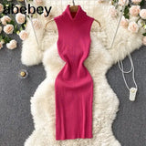 Strap Women Knitted Pencil Dress Turtleneck Sleeveless Elastic Slim Sheath Dresses Summer Korean Streetwear Short