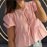 Women's Elegant Kawaii Summer Peplum Blouse Tops Short Puff Sleeve Round Neck Bow Tie-Up Front Babydoll Flare Shirts-Outfit