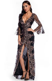 Occassional Sequin Front Slit V-Neck Long Dress with Wide