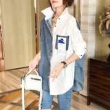 Loose Denim Spliced Blouse Casual Asymmetrical Spring Autumn Long Sleeve Female Clothing Pocket Single-breasted