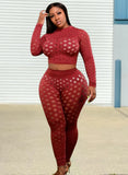 Plus Size Sexy Mesh Dot See Through Long Sleeve Top And Pant 2 Piece
