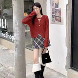 Spring And Autumn New Red Twist Sweater Female Designer Neck V-Neck Long-Sleeved Sweater Pullover-Outfit
