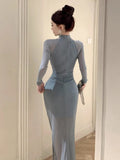 Women Dresses Sexy Elegant Mesh Patchwork Hollow Out Stand Collar Irregular Long Sleeve Party Dress Female Temperament-Outfit