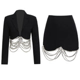 TWOTWINSTYLE Black Two Piece Set For Women Notched Collar Long Sleeve Blazer Mini Skirts Patchwork Chain Tassels Sets Female
