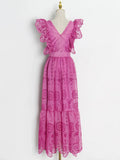 Solid Sexy Dress For Women V Neck Butterfly Sleeve High Waist Patchwork Lace Slimming Dresses Female 2022