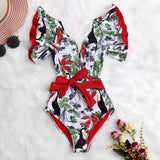 New Print Swimwear Deep V-Neck Ruffle Swimsuit Push Up One Piece Swimsuit Beach Wear Backless