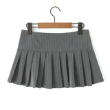 Grey Striped Print Side 3 Buttons Pleated Mini Skirt Sexy Low Waist Short Skater Skirts-Outfit