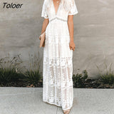 2023 Summer Boho Women Maxi Dress Loose Embroidery White Lace long Tunic Beach Dress Vacation Holiday Women
