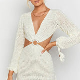 Women Knit Hollow Out V Neck Mini Dress Sexy Long Sleeve Beach Backless Autumn 2021 Party Club Casual Solid Clothing