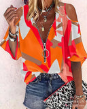 Loose Zipper Print Shirt Blouse Women Spring Summer Fashion V-neck Lantern Sleeve Shirts For Women Sexy Off Shoulder Top-Outfit