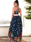 Printed Sweet V-neck Sleeveless Lace Belted Maxi Smock