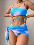 Toloer Tie-Dyed Bikini Swimsuit Female Three-Piece Mesh Skirt Split Bikini
