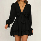 New Spring And Autumn V-Neck Long Sleeve Bubble Sleeves Pure Color With Lotus Leaf Side