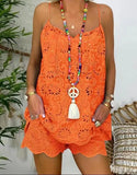 Toloer Sleeveless Drawstring Flounce Cut Out Vest Embroidered Shorts With Cotton