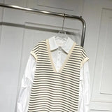 Clothing Striped Patchwork Midi Shirt Fake Two Pieces Spring Autumn Commute Turn-down Collar Casual Straight Loose Blouse-Outfit