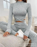 Women Two Piece Sets Pant Set Splice Round Neck Full Sleeve Short Tops Solid Elastic Waist Sheath Long Pants Slim Fit 2024-Outfit