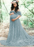 Elegant Lace Off Shoulder Mesh Maternity Long Dress 703-0-Outfit