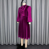 Style Purple Velvet Party Party Temperament Dress Wooden Ear Splicing Long Sleeves To Close The Waist A Dress