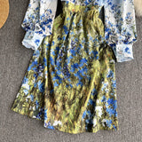 Runway Design Women Flower Print Dress Single-breasted Bow Tie Collar Lantern Sleeve Midi Robe Autumn Spring Vestido
