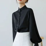 Vintage Chiffon Shirts Women Lantern Sleeve Black Blouses Korean Elegant Office Lady Solid Loose Casual Tops New-Outfit
