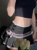 Cloth Forget French Ballet Style Striped Bow Lace Spliced Skirt Dress