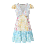 Retro French style Contrast Color Flower Print V neck Mini Dress Sexy Short Flying Sleeve Ruffles Hem Slim Waist Robe-Outfit