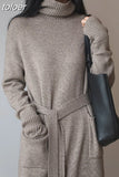 Loose Thick Winter 2023 Turtleneck Knitting Sweater Midi Dress for Women Long Sleeve Lace Maxi Dresses Oversize