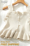 2023 Y2K Buttons Cute Women Cropped T-shirt New Streetwear Stripe Sexy Summer OFF White Ruffles Sleeveless