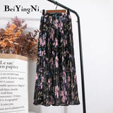 Summer Chiffon Beach Boho Maxi Women Skirt High Waist Floral Print Vintage Holiday Ruched Long Fashion Skirts