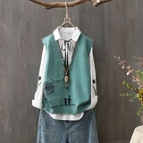 Autumn V-Neck Female Embroidery Sweater Vest Fashion Shirt Two Piece Set Women's Clothing Loose Sleeveless Knitted Tops-Outfit