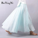 Linen Cotton Vintage Skirt Women Solid Beach Boho Pleated Maxi Skirts Summer Fashion Retro Elastic Waist Saia