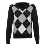 Autumn Black V Neck Vintage Knit Sweater Casual Argyle Plaid Jumper Women Y2K Preppy Style Long Sleeve Pullover