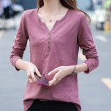 Clothing Spring and Autumn New Loose V-neck Button Tee Shirt Long Sleeve T-shirt Women's Large Pullover Casual Tops-Outfit
