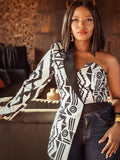 White and Black Print Irregular Blazer with Single