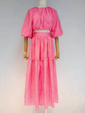 Solid Two Piece Set Womens Round Neck Puff Sleeve Bandage Tops High Waist Loose Midi Skirts Female Sets Fashion