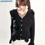 vintage french women's white sweaters black flare sleeve single breasted cardigans with ruffles v neck autumn