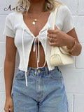 Strap Lace Up Tie Bow Cropped Top T-shirt Women Sexy Club Top T SHIRT Teachwear Clothes SummerVestidos Crop Top Tee