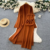 Simple Style Solid Knitted Light Sister Suit Girl Winter Body-Clamping T-Shirt Dress With Long Open Shirt