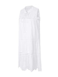 Summer Boho White Beach Dress Women Casual Sleeveless Ruffles Dress Party Plain Lace Hollow Out V-neck Tank Vestidos-Outfit