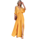 Hot Summer Sexy Dress INS Shoulder Side Slit Back Deep V-Collar Dress-Outfit