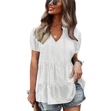 Solid Blouses For Women Fashion V Neck Plus Size Elegant Casual Shirts Tops Ladies Loose Short Sleeve Chiffon Blouse