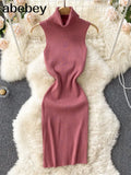 Strap Women Knitted Pencil Dress Turtleneck Sleeveless Elastic Slim Sheath Dresses Summer Korean Streetwear Short